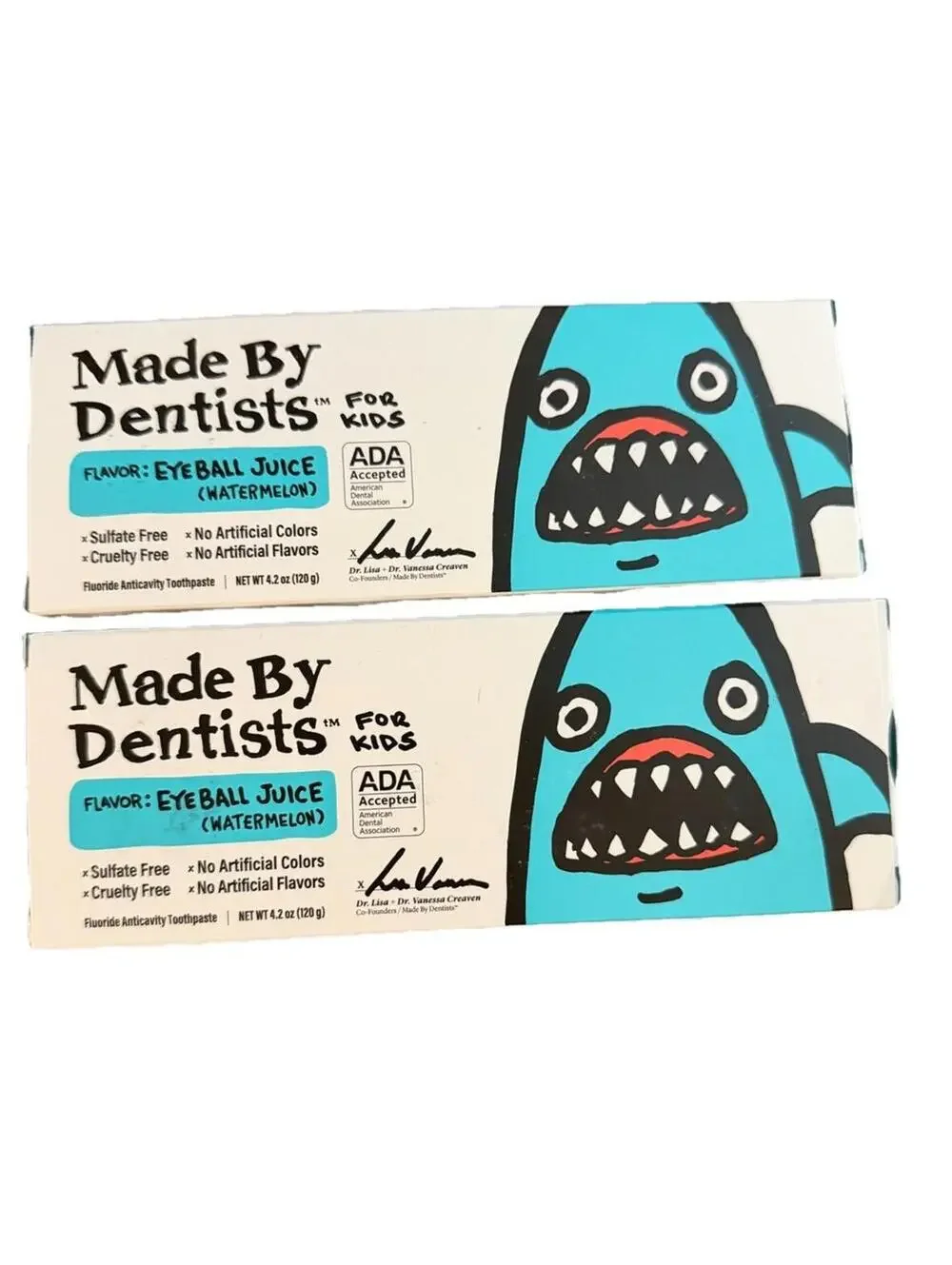 Lot Of TWO Made by Dentists Kids Toothpaste EyeBall Juice Watermelon Shark 4.2oz